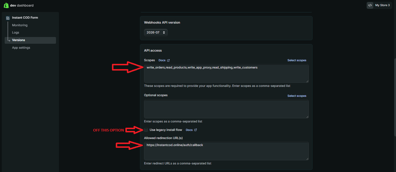 Add the required scopes, turn off legacy install flow, and add the allowed redirect URL.