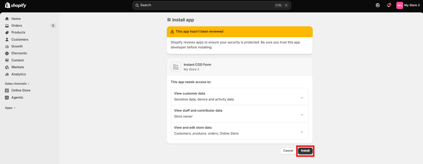 Approve the requested permissions and install the app in Shopify.