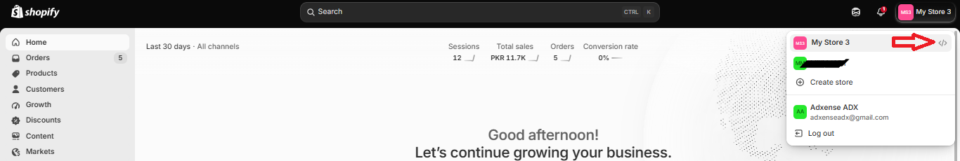 Open the Shopify Dev Dashboard from your Shopify account menu.