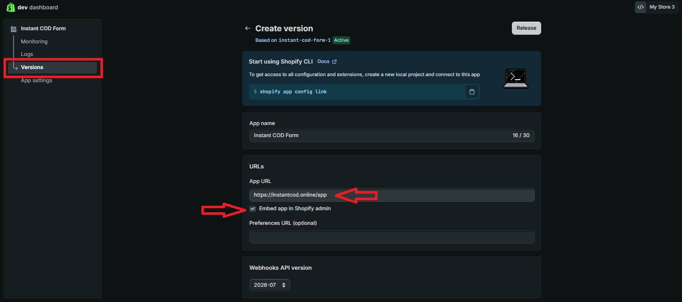 Set the App URL and enable Embed app in Shopify admin.